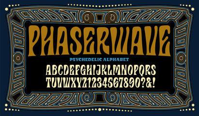 Phaserwave is a unique psychedelic alphabet with sharp points and soft pillowy shapes. Includes ornate retro style frame design.