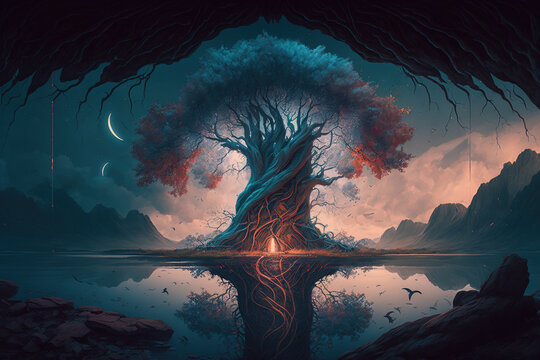 Generative Art: Yggdrasil Tree Stock Image for Fantasy and Spiritual Artwork in the middle of a beautiful lake.- Generative Art