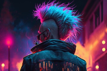 Brutal punk with mohawk at night in neon light. Back view. AI Generative