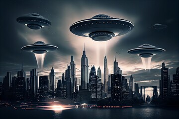 Fototapeta na wymiar Ufo Armada Over Downtown. Giant Alien Spaceships Over The City. Ufo Invasion Over The City Of The Planet Earth. Digital Art. Generative AI