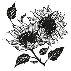 Sunflower drawing vector decoration with leaves. Line contour design flower silhouette graphic