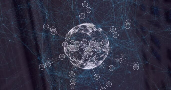 Animation of icons in circles around globe over connected dots against abstract background