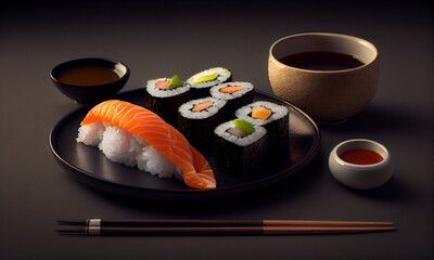 delicious sushi and sashimi with soy sauce and chopsticks.. Generative ai. 