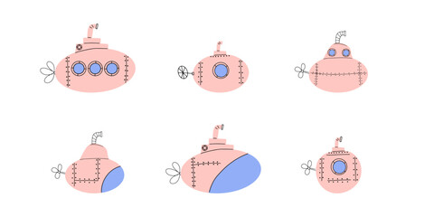 Submarine. Underwater transport. Sea life design. Vector illustration in scandinavian style.