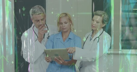 Animation of up arrows, trading board, connected dots, diverse doctors discussing report over tablet - Powered by Adobe