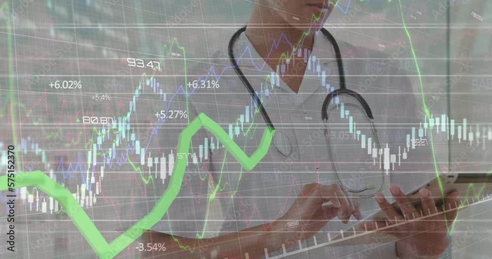 Poster animation of graphs and trading board over biracial female doctor using digital tablet in hospital