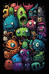 Many monsters, doodle art style, colorful, funny, neon watercolors Generative AI