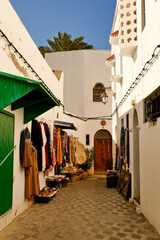 Fototapeta na wymiar Assillah, la perla bianca dell'Atlantico. Marocco. Case bianche con finiture indaco e verde e pitture murali fanno di questa piccola città un esempio di bellezza architettonica