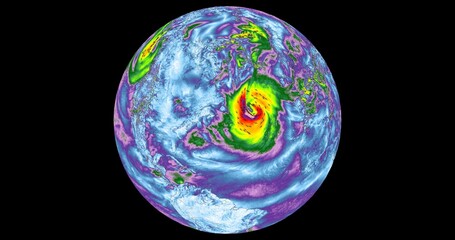 El mapa meteorológico de viento muestra un sistema masivo de baja presión, o ciclón, sobre el Océano Atlántico. Los vientos circulan alrededor del centro de la baja, - obrazy, fototapety, plakaty