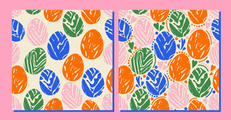 2 seamless patterns for Happy Easter day. Minimalistic design, many Easter eggs and color that plunges into spring. Great for wrapping.