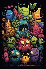 Many monsters, doodle art style, colorful, funny, neon watercolors Generative AI