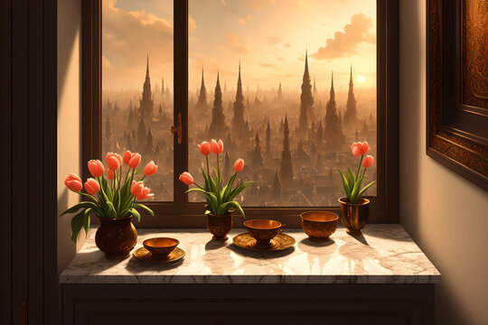 Luxurious toilet interior in a modern royal palace, in light of sunset. AI generated