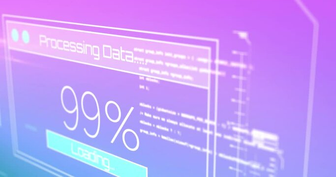Animation of interface with data processing against purple gradient background