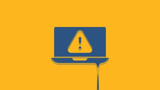 Blue Laptop with exclamation mark icon isolated on orange background. Alert message smartphone notification. 4K Video motion graphic animation