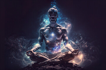 Man sitting in yoga lotus pose and his connection to space. Generative AI - obrazy, fototapety, plakaty