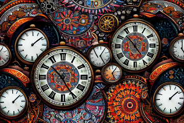 Pattern of old watch dials and ornate clocks of different surrealist style - obrazy, fototapety, plakaty