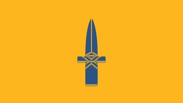 Blue Dagger icon isolated on orange background. Knife icon. Sword with sharp blade. 4K Video motion graphic animation