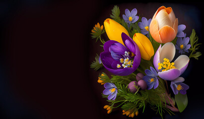 Obraz na płótnie Canvas Spring flowers crocuses, snowdrops. Banner. On a dark background. Place for text. AI generated