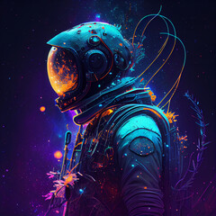 cybernetic cyberpunk astronaut, adorned with detailed bioluminescent designs, floating in the vast expanse of outer space, surrounded by many glowing and twinkling stars.