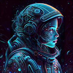 cybernetic cyberpunk astronaut, adorned with detailed bioluminescent designs, floating in the vast expanse of outer space, surrounded by many glowing and twinkling stars.