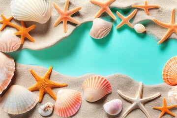 seashells on seashore - beach holiday background