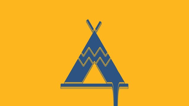 Blue Traditional indian teepee or wigwam icon isolated on orange background. Indian tent. 4K Video motion graphic animation