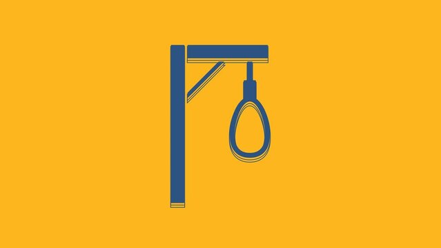 Blue Gallows rope loop hanging icon isolated on orange background. Rope tied into noose. Suicide, hanging or lynching. 4K Video motion graphic animation