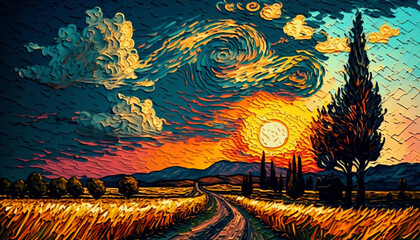 Vincent Van Gogh style oilpainting of a synset on a field, Background picture of sunset on a field in the style of Vincent Van Gogh, Butiful oilpainting