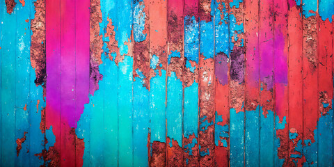 Old weathered grungy aged vintage wood background with colorful peeling paint. Generative AI