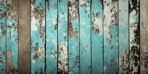 Old weathered aged vintage wood backdrop background with colorful peeling paint. Generative AI