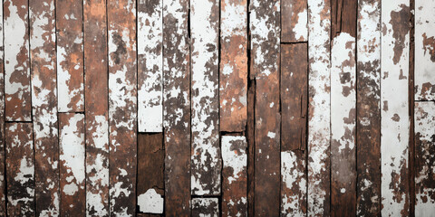 Old weathered aged vintage wood background with colorful peeling chipped paint. Generative AI