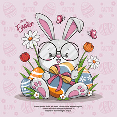 Happy Easter With Cute Rabbit Is Holding An Eggs, Cute Cartoon Illustration