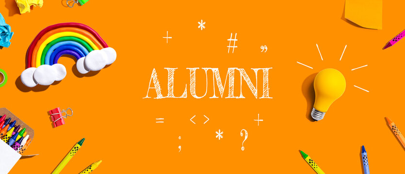 Alumni theme with school supplies overhead view - flat lay
