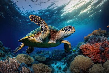 Fototapeta na wymiar Turtle Swimming in the Morning Glow of the Great Barrier Reef, Fine Art of a Colorful Coral Reef