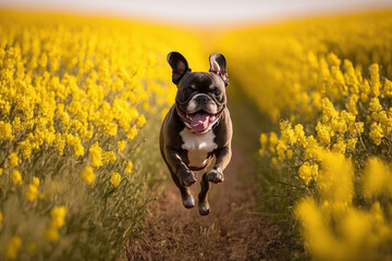 Cute dog running in the field. Generative AI