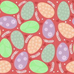 Seamless Easter background with colorful Easter eggs, a sprig of leaves and hearts, on a cherry background.