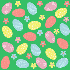 Seamless Easter background with colorful Easter eggs, flowers, on a green background. Design for packaging, covers, postcards.