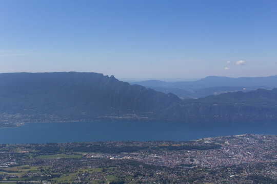 beautiful water panoramic view of mountain lake du Bourget with mont Dent du Chat