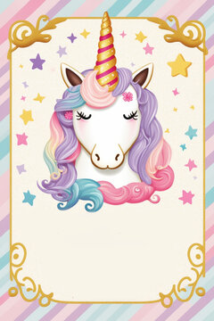 Unicorn Theme Birthday Party Invite. Blank Template. Generative Ai