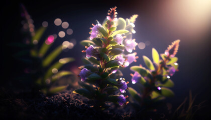 Obraz premium Beautiful Angelonia Flower Glowing in the dark with sparkles in the air, magical atmosphere in a grass patch at the edge of a forest at night. Generative AI