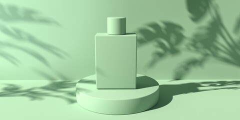 Abstract monochrome 3D render of minimal podium and coosmetic bottle