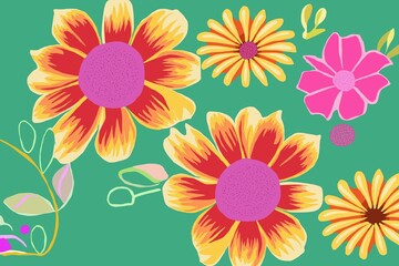 Fototapeta na wymiar Blumen in Pink, Orange und Gelb vor cyan Hintergrund, fröhliche Illustration