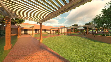 格子屋根の通路がある芝生の庭