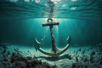 Anchor under water in a turquoise ocean. Generative AI. - obrazy, fototapety, plakaty