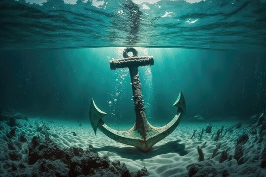 Anchor under water in a turquoise ocean. Generative AI.