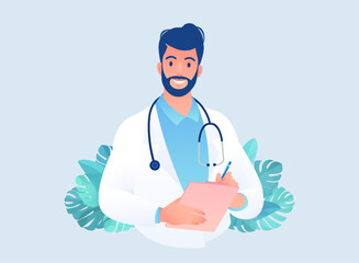 Cartoon character of doctor taking sick notes on clipboard vector illustration. Healthcare and medicine concept clip art.