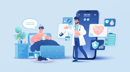 Telemedicine concept vector illustration. Male patient seeing doctor using internet online technology through smart devices.