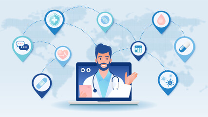 Telemedicine concept vector illustration. Patient consulting doctor using internet online technology through laptop computer around the globe.