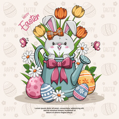 Happy Easter With Bunny Rabbit, Watering Can Pot, Eggs, And Tulips. Cute Cartoon Illustration