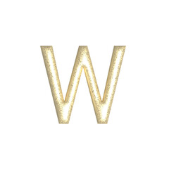 W alphabet letters gold foil isolated. Gold yellow metallic letter. Alphabetical font. Foil symbol. Bright metallic 3D